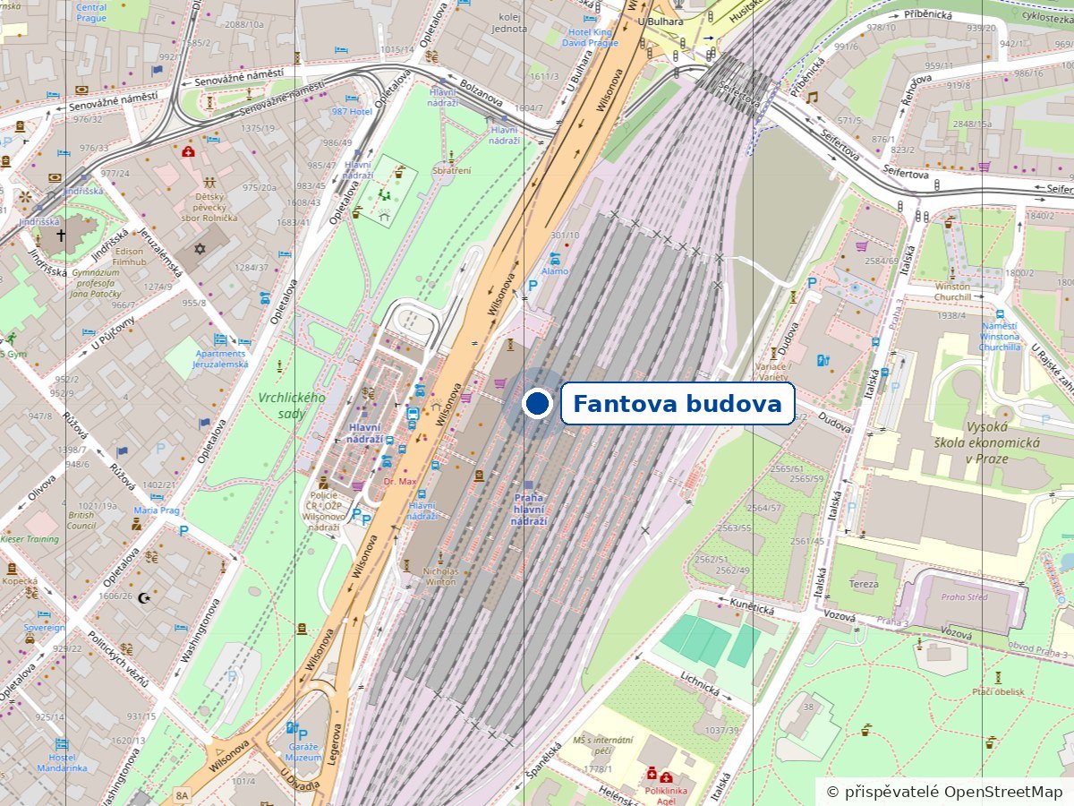 Mapa okolí Hlavního nádraží s vyznačenou Fantovou budovou